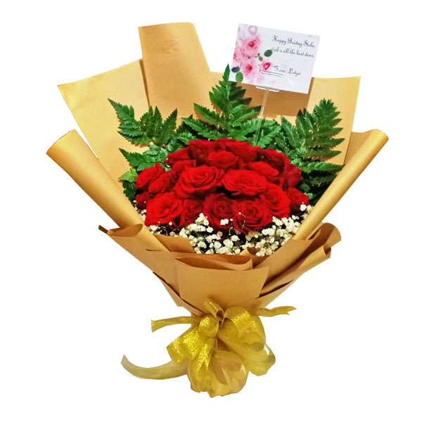 buket bunga tangan hand bouquet mawar merah pita gold harga 450 ribu