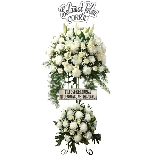 standing flower bandung murah selamat jalan ucapan duka cita mawar putih harga 850 ribu